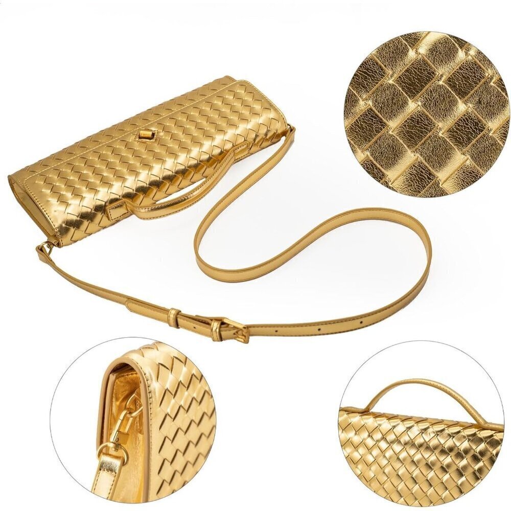 🆕Woven Clutch Purses for Women Gold Leather Evening Bag Shoulder Handbag - Picture 5 of 6